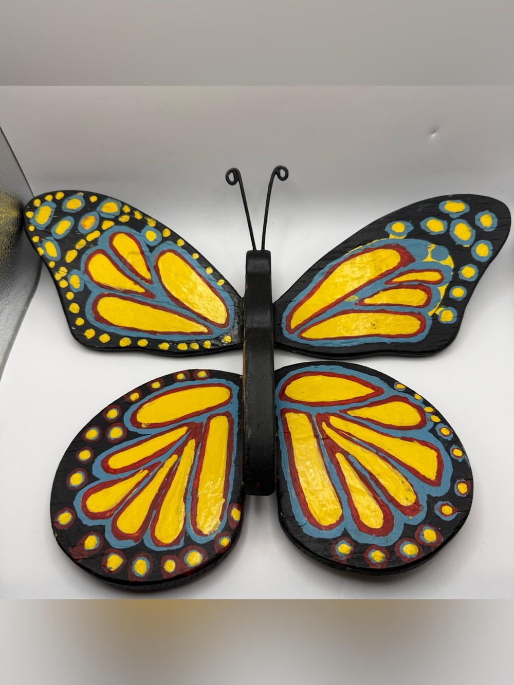 Hand Painted Wood Butterfly Wall Hanging Folk Art Yellow Black 70s Cottagecore
